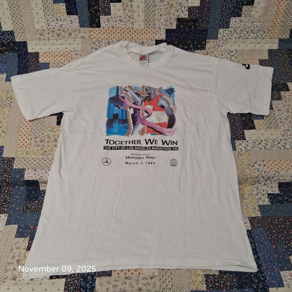 Vintage NIKE Mercedes Benz Together We Win LA Marathon 1993 T Shirt SZ XL